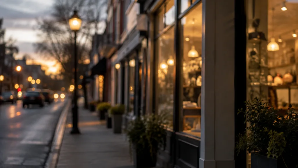 Franchise business setting: a street-level view of a row of small storefronts with warm lit windows at dusk, blurred, no readable signs