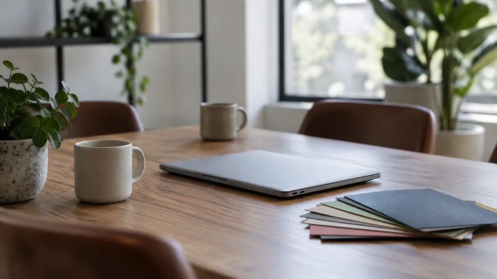 Franchise business setting: a franchise marketing team table with a closed laptop, printed colour swatches face down, coffee cups and soft window light