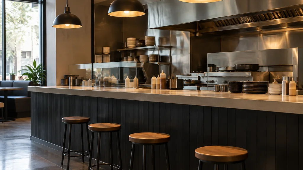 Franchise business setting: a modern quick-service restaurant counter with stainless steel, warm pendant lights and empty stools, no menus visible