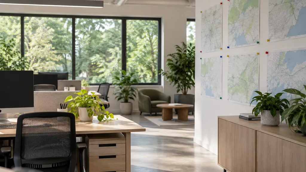 Franchise business setting: a bright open-plan office with a wall of blank location maps pinned with coloured pins and late afternoon light