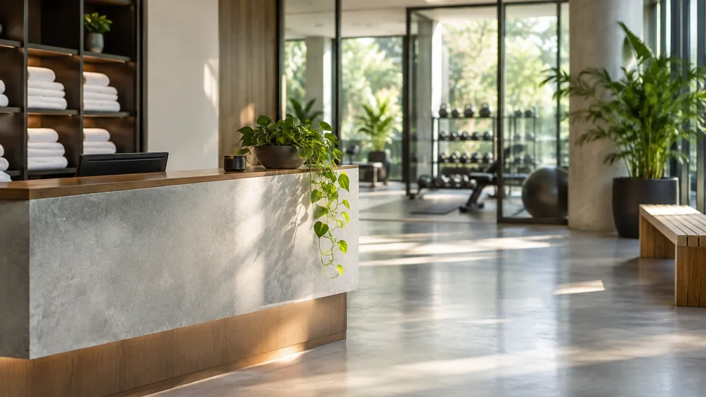Franchise business setting: a fitness studio lobby with a reception desk, stacked towels, green plants and soft morning light, empty