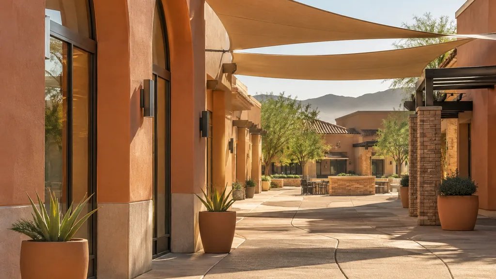 Franchise business setting: a desert-toned suburban retail plaza with terracotta walls, shade sails and warm late sun, no signage