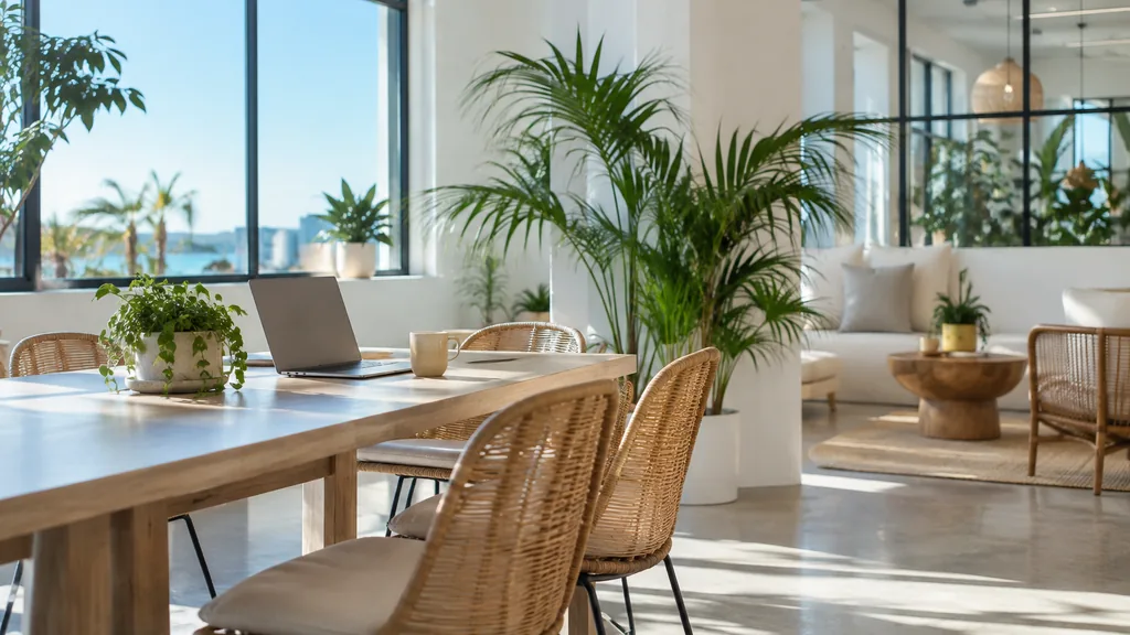 Franchise business setting: an airy coworking space with white walls, rattan chairs, potted palms and bright turquoise-tinted daylight