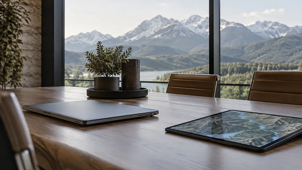 Franchise business setting: a meeting room with a large window view of mountains, a table with a closed laptop and a tablet showing an abstract map