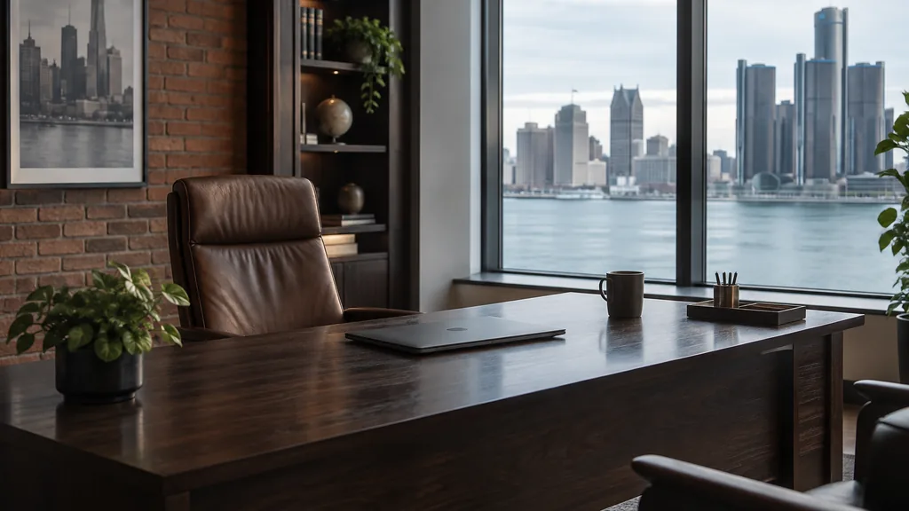 Financial advisor office setting: a solid Detroit financial advisor office with a brick wall, a dark walnut desk, a leather chair and cool lake-effect daylight through tall windows