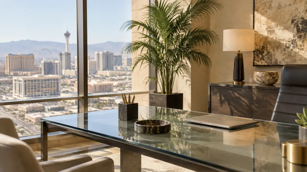 Financial advisor office setting: a calm Las Vegas wealth advisory office with sand-coloured walls, a glass desk, a potted palm and bright desert afternoon light