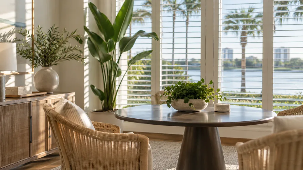 Financial advisor office setting: a bright Orlando financial planning office with white shutters, a light rattan chair, a round table and warm humid morning sunlight