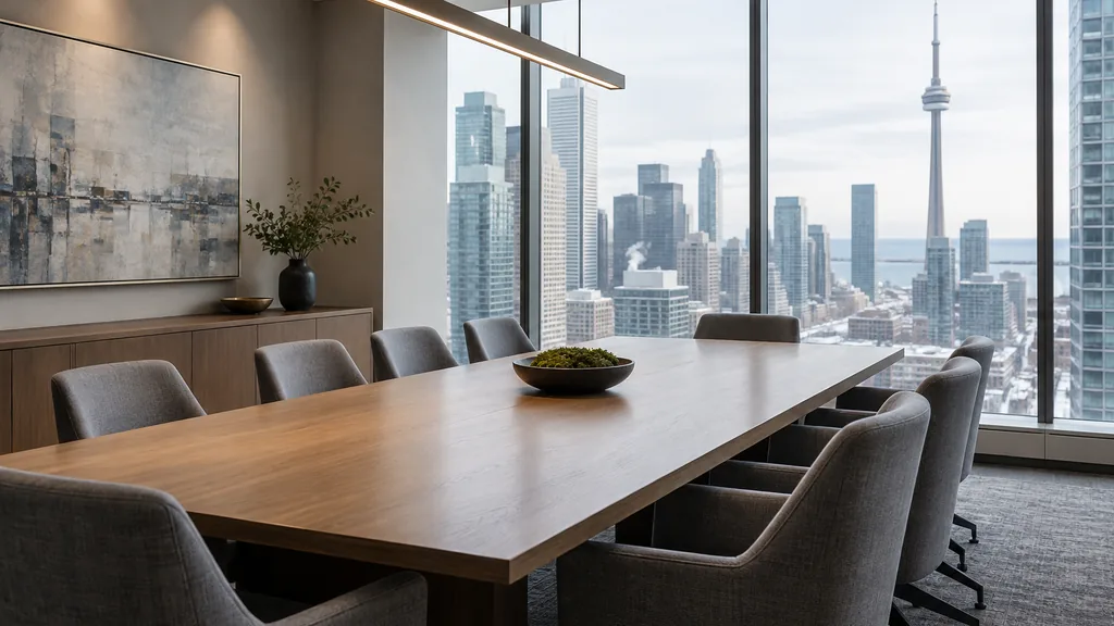 Financial advisor office setting: a polished Toronto wealth management meeting room with a long oak table, grey upholstered chairs and clear winter daylight