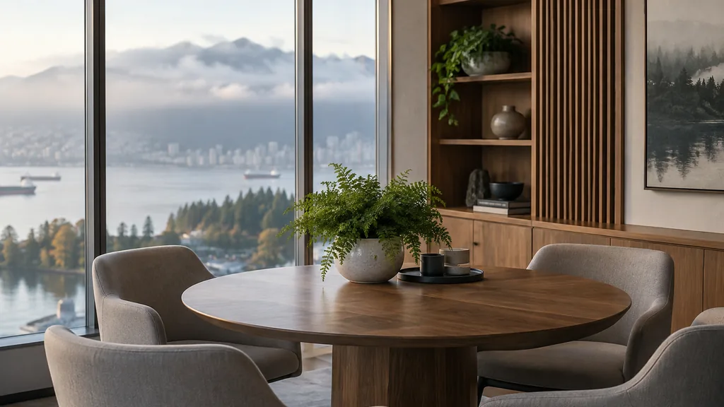 Financial advisor office setting: a calm Vancouver financial planning office with cedar details, a round table, a potted fern and soft misty coastal light