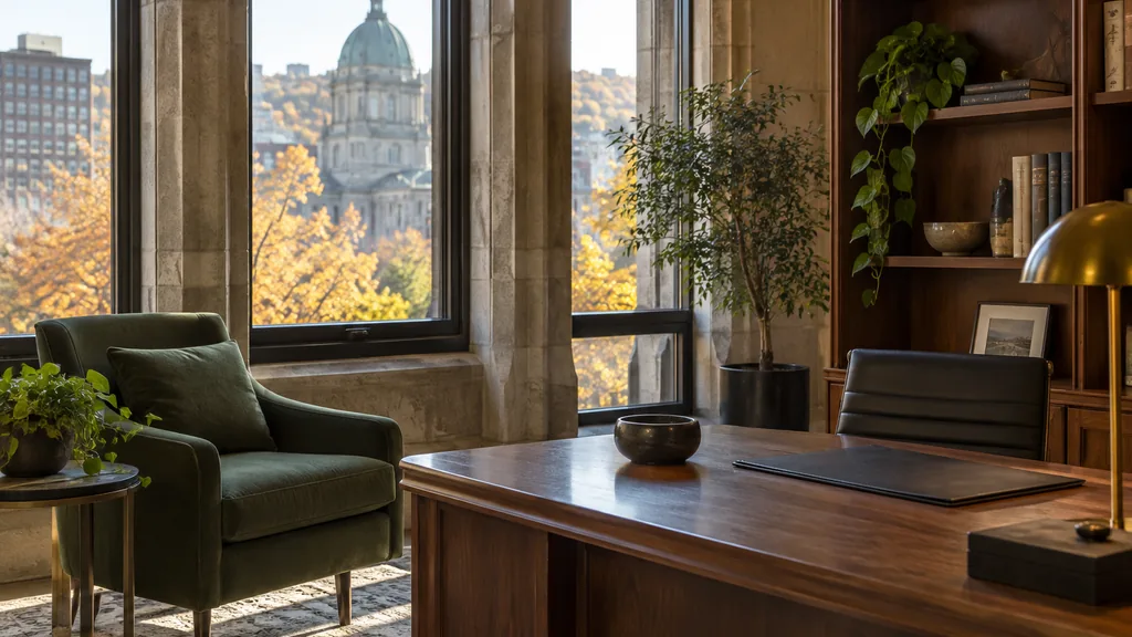 Financial advisor office setting: an elegant Montreal advisor office with tall stone-framed windows, a wooden bookshelf, a green armchair and crisp autumn light