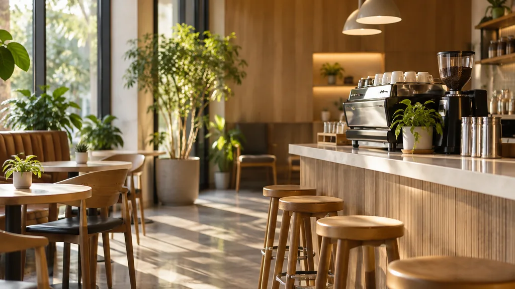 Franchise business setting: a modern franchise coffee shop interior with light wood counters, pendant lights and empty stools in warm afternoon light, no menus