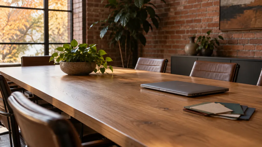 Franchise business setting: a brick-walled conference room with a long oak table, a closed laptop and colour swatches face down, soft autumn window light
