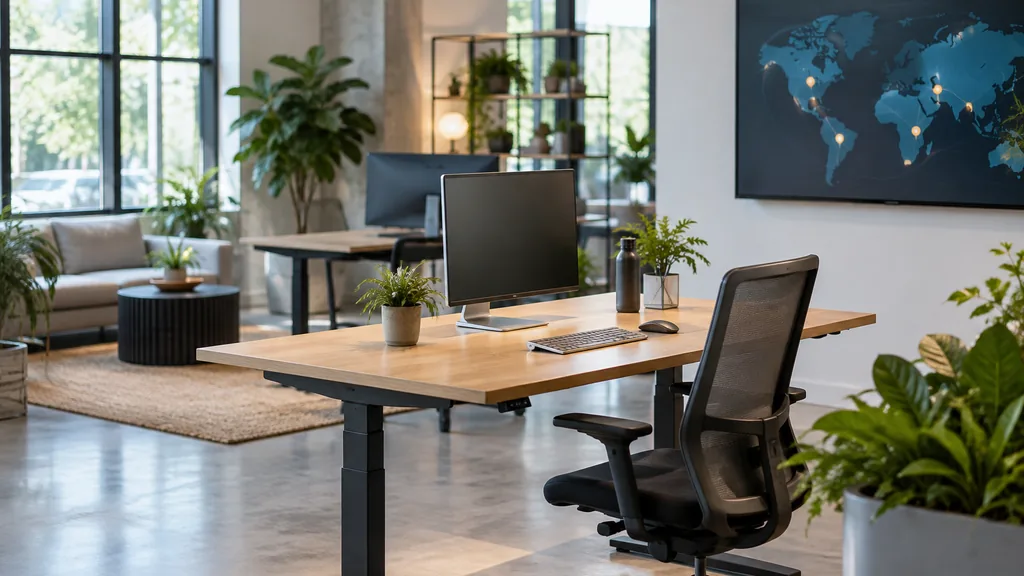 Franchise business setting: a bright open-plan office with plants, standing desks and a large screen showing an abstract map with pins, interior only