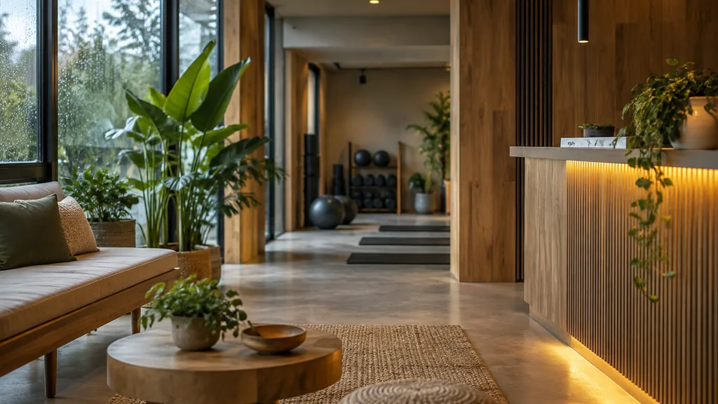 Franchise business setting: a cosy fitness studio lobby with timber walls, plants, a reception desk and rainy window light, empty