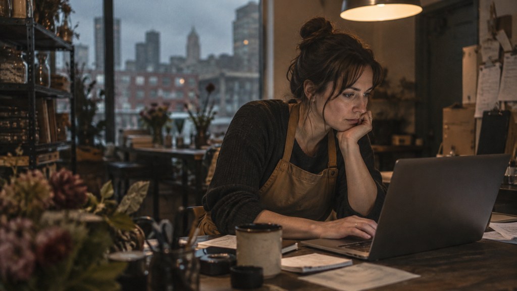 A small-business owner in an apron leaning over a laptop on a cluttered back-office desk late in the day, photographed in Kansas City