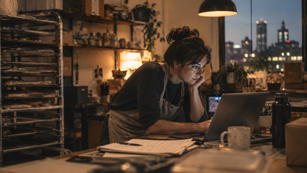 A small-business owner in an apron leaning over a laptop on a cluttered back-office desk late in the day, photographed in Kansas City