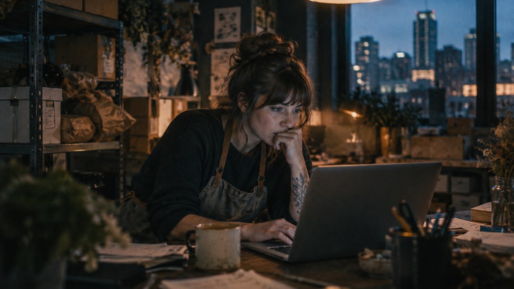 A small-business owner in an apron leaning over a laptop on a cluttered back-office desk late in the day, photographed in Kansas City