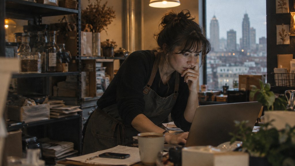 A small-business owner in an apron leaning over a laptop on a cluttered back-office desk late in the day, photographed in Kansas City