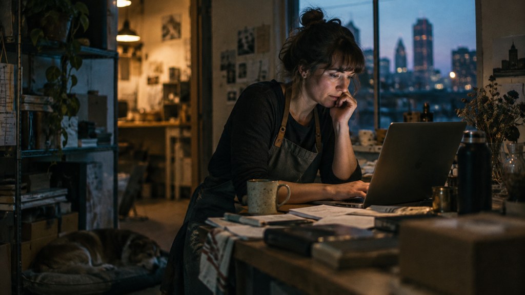 A small-business owner in an apron leaning over a laptop on a cluttered back-office desk late in the day, photographed in Kansas City