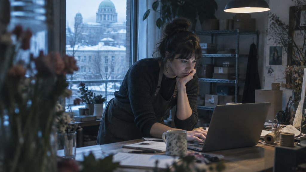 A small-business owner in an apron leaning over a laptop on a cluttered back-office desk late in the day, photographed in Montréal