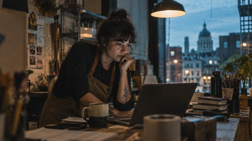A small-business owner in an apron leaning over a laptop on a cluttered back-office desk late in the day, photographed in Montréal