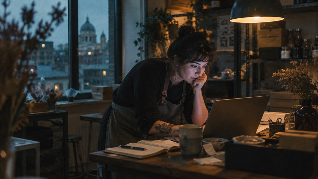 A small-business owner in an apron leaning over a laptop on a cluttered back-office desk late in the day, photographed in Montréal