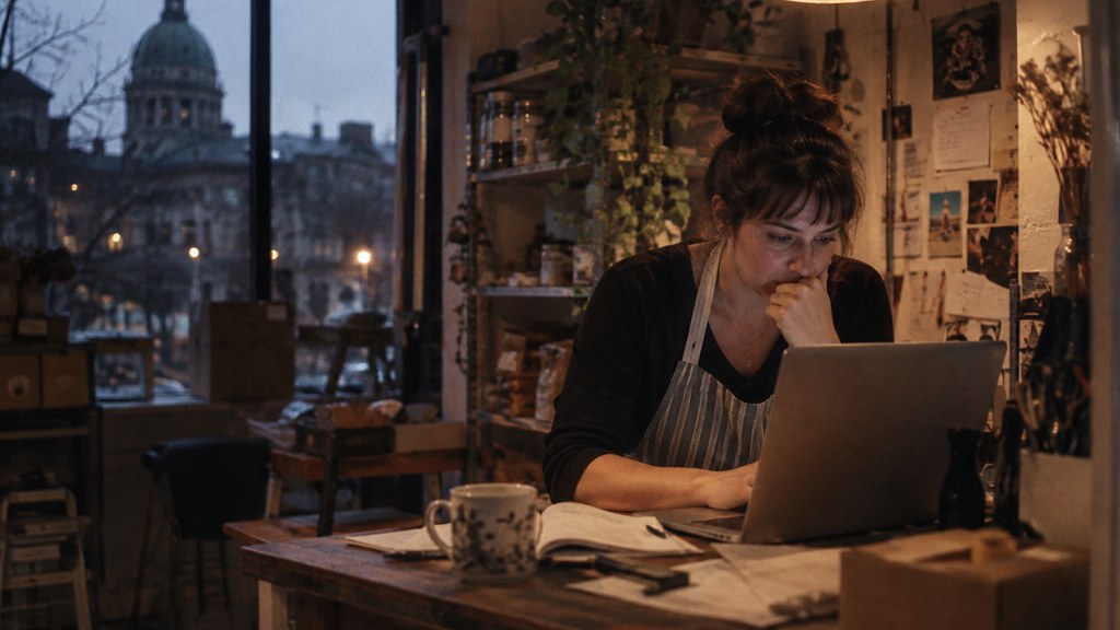 A small-business owner in an apron leaning over a laptop on a cluttered back-office desk late in the day, photographed in Montréal