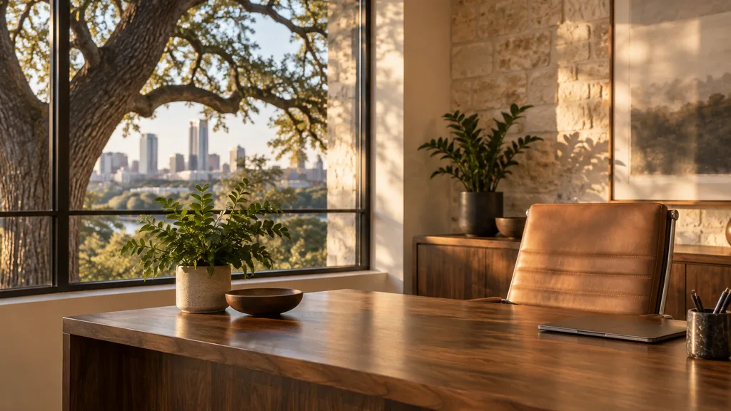 Mortgage office setting: a quiet Austin mortgage office with limestone walls, a live oak outside the window, a walnut desk and warm late afternoon light