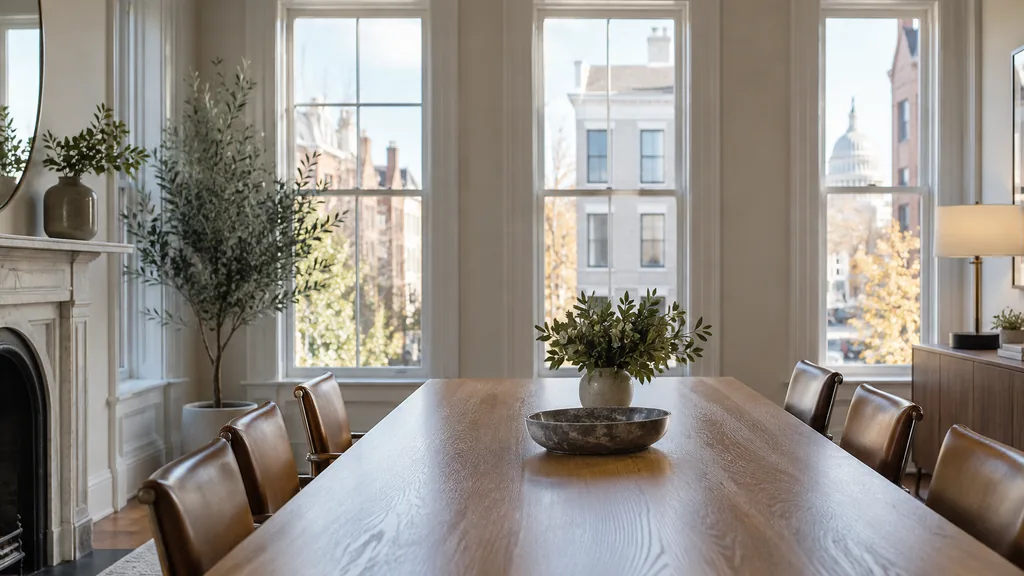 Mortgage office setting: a calm mortgage closing room in a Washington DC rowhouse with a long oak table, tall sash windows and cool morning light