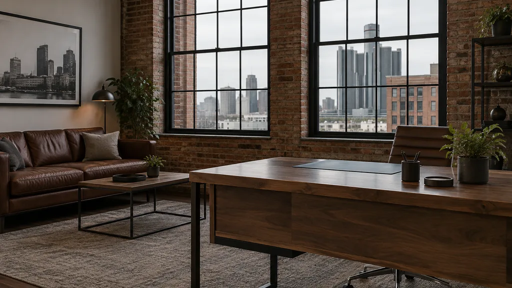 Mortgage office setting: an empty Detroit mortgage office in a restored brick loft with steel windows, a leather sofa and soft overcast daylight