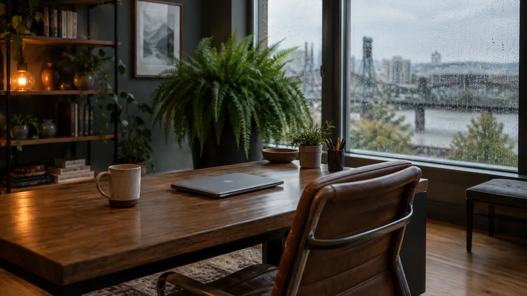 Mortgage office setting: a cozy Portland mortgage broker office with fir floors, a large fern, rain on the window and soft grey daylight