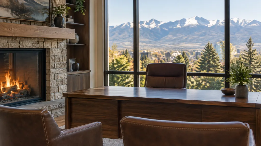 Mortgage office setting: a quiet Denver lender office with a stone fireplace, a wooden desk facing distant mountains and crisp clear morning light
