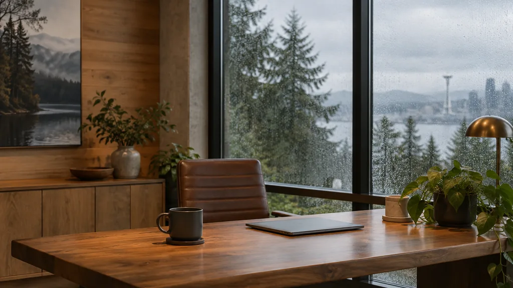 Mortgage office setting: a calm Seattle mortgage office with cedar panels, a desk by a rain-streaked window, evergreen trees outside and soft grey light
