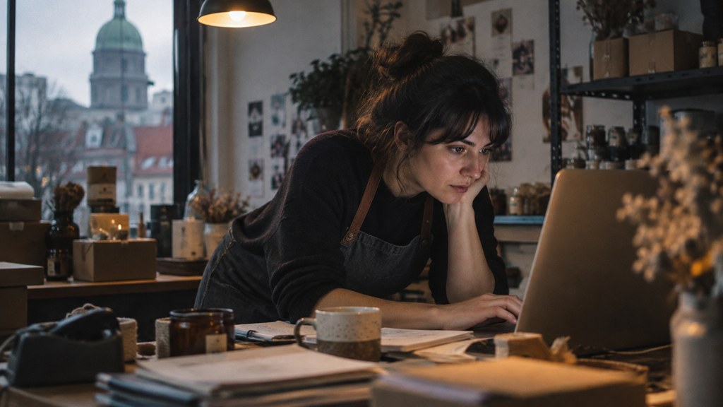 A small-business owner in an apron leaning over a laptop on a cluttered back-office desk late in the day, photographed in Montréal
