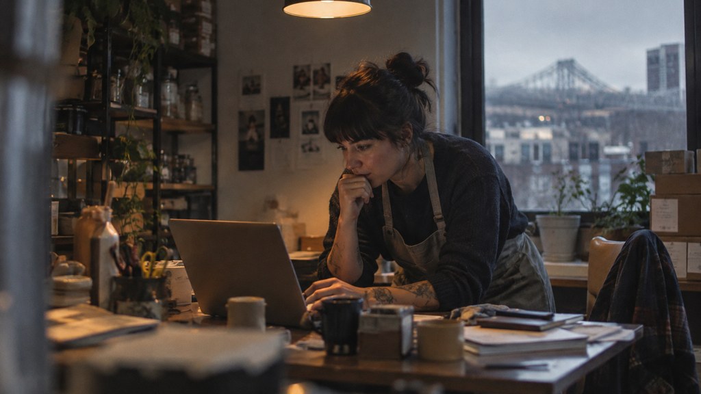 A small-business owner in an apron leaning over a laptop on a cluttered back-office desk late in the day, photographed in Montréal