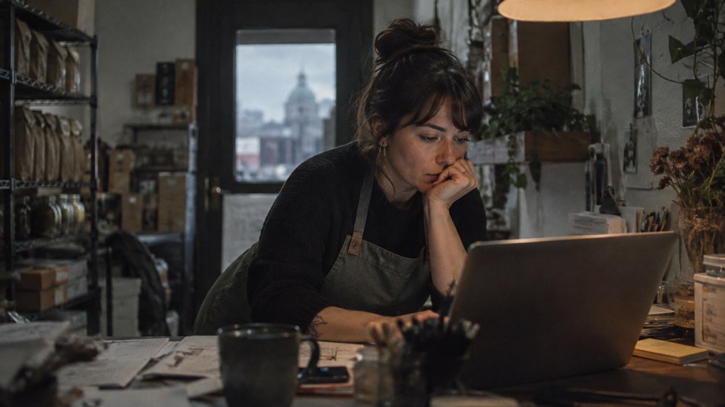 A small-business owner in an apron leaning over a laptop on a cluttered back-office desk late in the day, photographed in Montréal