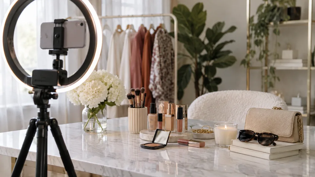 Influencer content setting: a creator content studio with a ring light, a tripod phone mount and neatly arranged fashion and beauty products on a marble table, soft window light