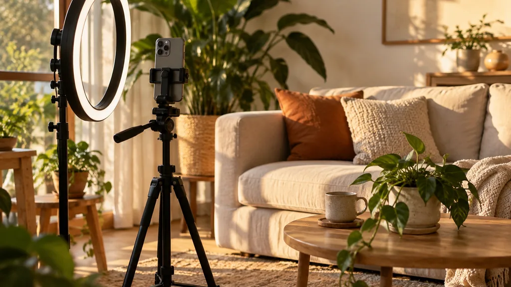 Influencer content setting: a sunny creator filming corner with a ring light, a phone on a tripod, plants and a linen sofa, warm golden hour light