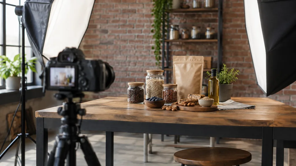 Influencer content setting: a brick-walled content studio with a camera on a tripod, softbox lights and packaged food products on a wooden table, soft daylight
