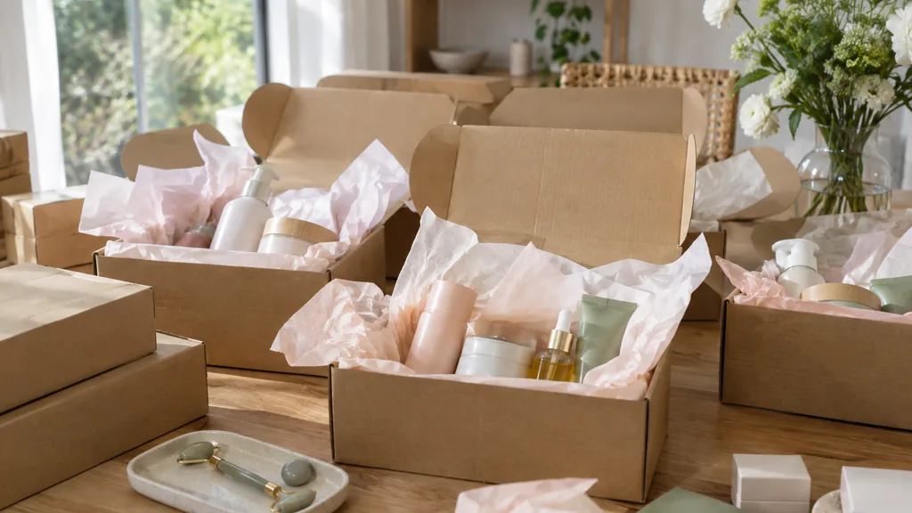Influencer content setting: a bright product seeding table with shipping boxes, tissue paper and skincare products ready to send to creators, natural light