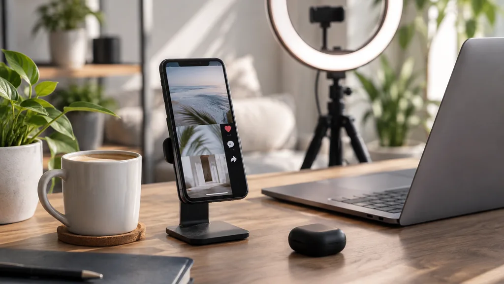 Influencer content setting: a modern marketing office desk with a phone showing an abstract social video feed, a ring light and coffee, soft morning light