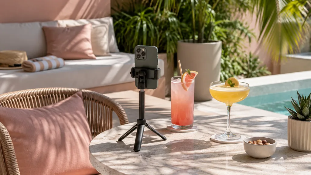 Influencer content setting: a pastel hotel terrace set up for a content shoot with a phone tripod, cocktails and palm shadows, bright tropical light