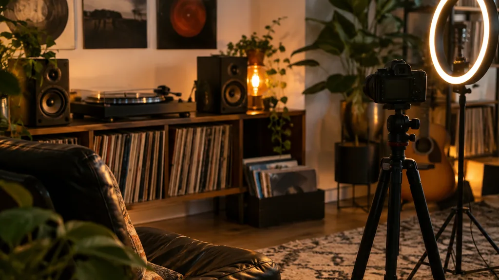 Influencer content setting: a music-inspired content studio with vinyl records, a ring light and a camera on a tripod, warm evening light