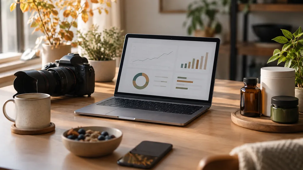Influencer content setting: a calm content studio with a laptop showing abstract campaign analytics, a camera and health products on a desk, soft autumn light