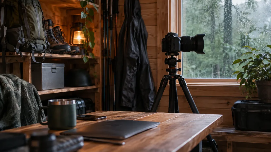 Influencer content setting: a timber-walled creator studio with outdoor gear, a camera on a tripod and rainy window light