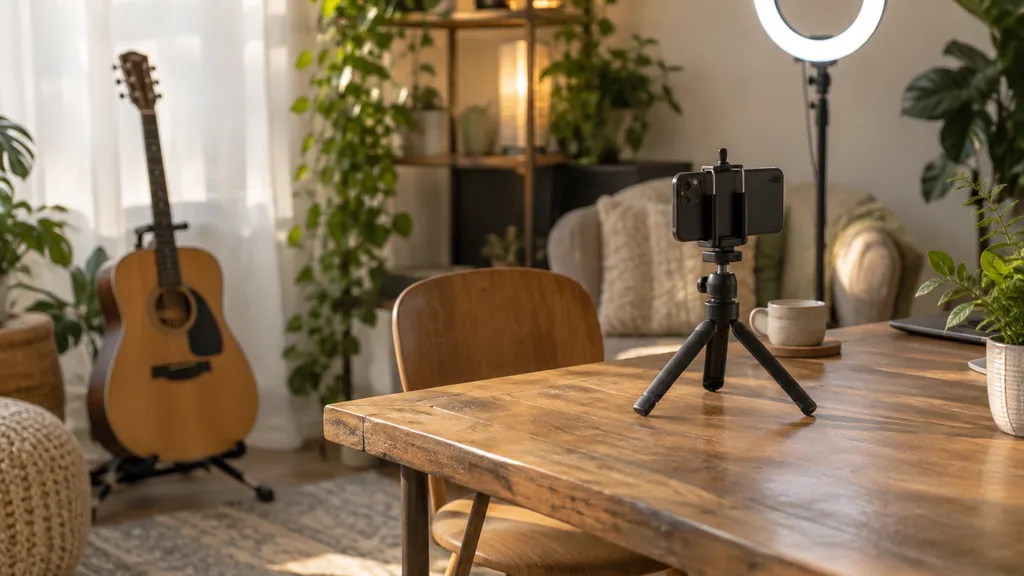 Influencer content setting: a relaxed creator studio with a ring light, a guitar on a stand and a phone tripod on a wooden table, warm afternoon light