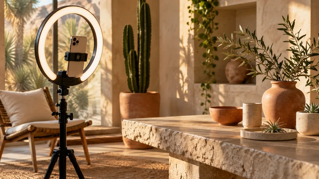 Influencer content setting: a sunlit desert-modern creator studio with a ring light, a phone on a tripod, terracotta pots and succulents on a stone table, warm late afternoon light