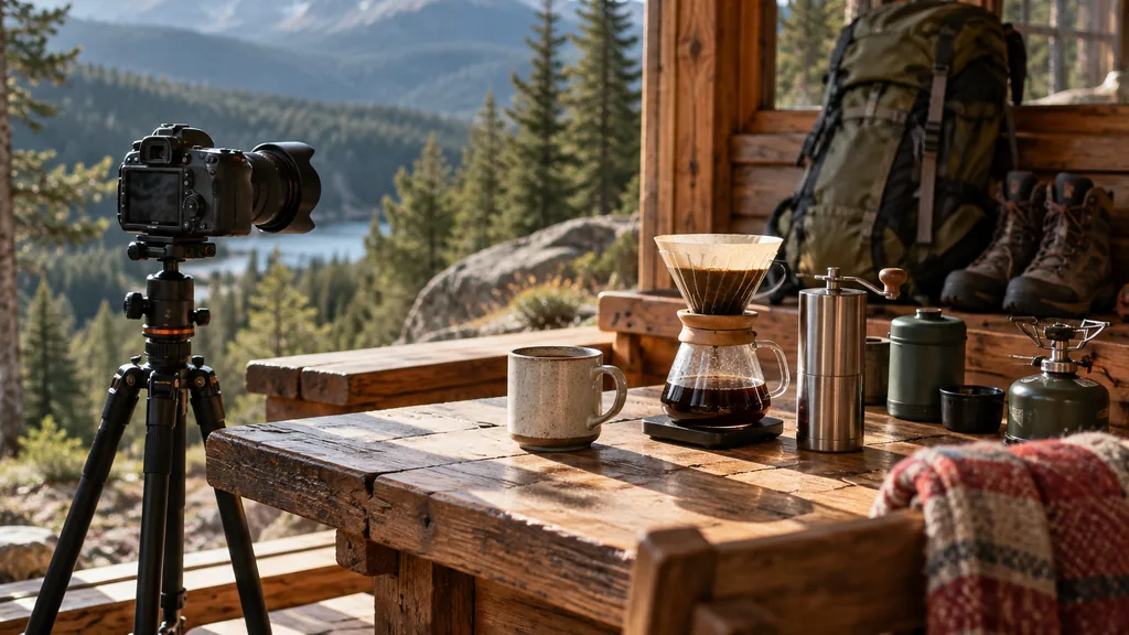 Influencer content setting: a mountain-cabin style content corner with a camera on a tripod, hiking gear and a craft coffee setup on a pine table, crisp morning light