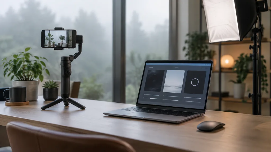 Influencer content setting: a minimalist creator desk with a smartphone on a gimbal, a laptop showing abstract app screens and a small softbox, cool foggy window light