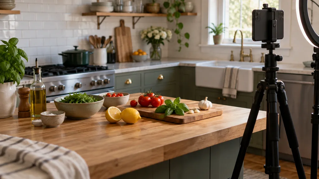 Influencer content setting: a row-house kitchen set up for a food creator shoot with a phone tripod, a ring light and fresh ingredients on a butcher-block counter, soft daylight
